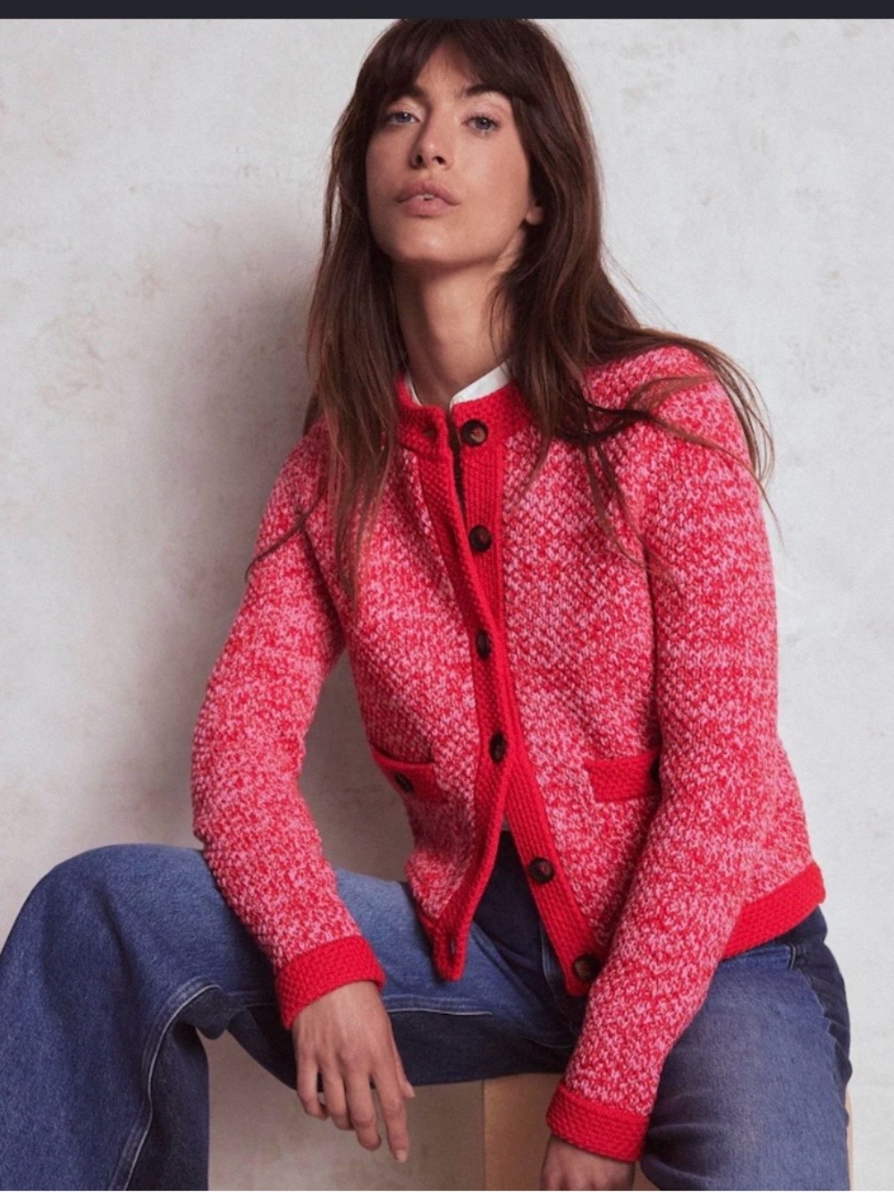 Boden Red & Pink Marled Button-Front Cardigan Jacket Size 14 - Picture 2 of 10